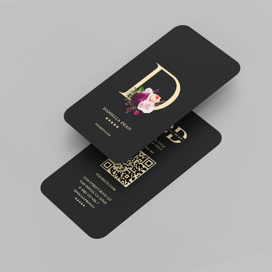 Carte De Visite Monogramme D Floral Black Gold
