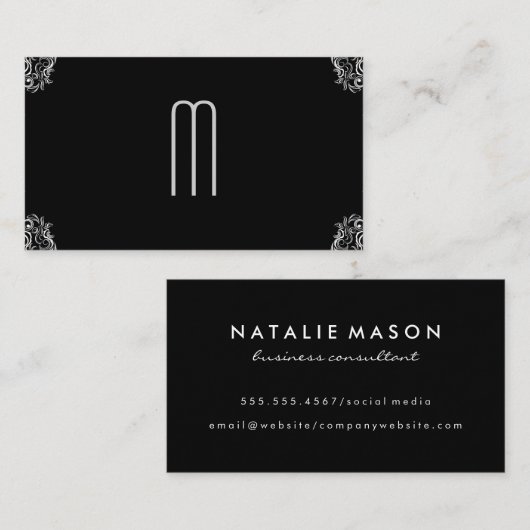 Carte De Visite Monogramme Damask sur noir (Devant / Derrière)