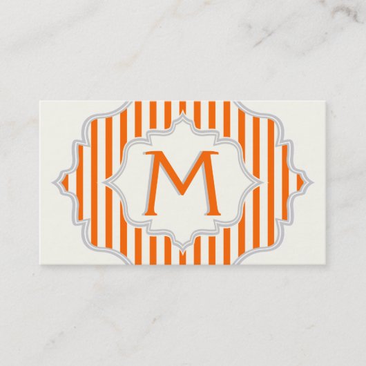 Carte De Visite Monogramme dans un cadre à rayures orange, blanche (Devant)