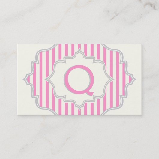 Carte De Visite Monogramme dans un cadre à rayures roses, blanches (Devant)
