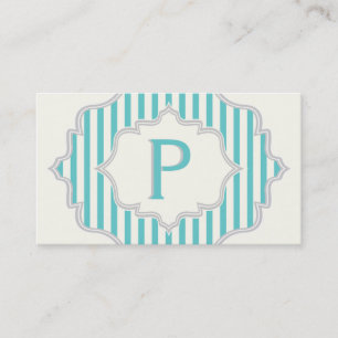 Carte De Visite Monogramme dans un cadre avec aqua, rayures blanch