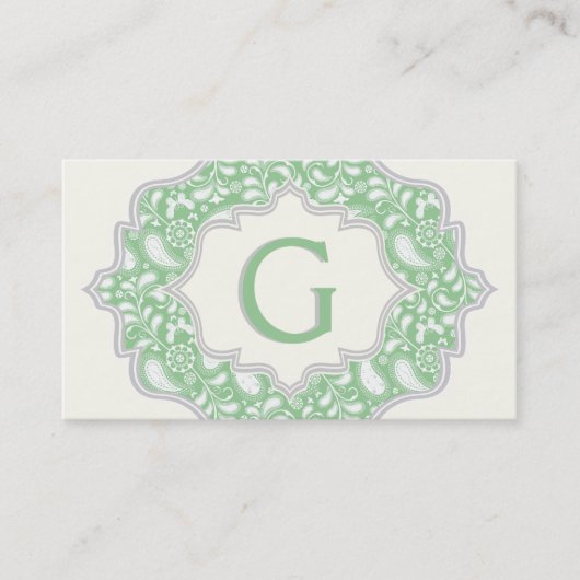 Carte De Visite Monogramme dans un cadre avec cachemire vert, blan (Devant)