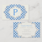 Carte De Visite Monogramme dans un cadre avec en vichy bleu, blanc (Devant / Derrière)