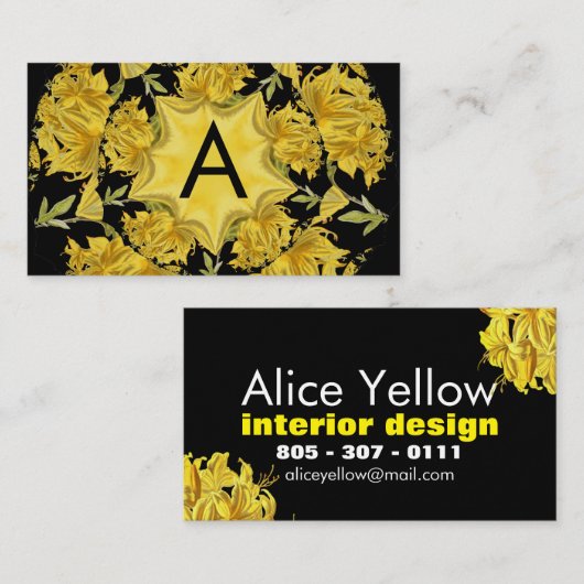 Carte De Visite Monogramme d'azalée jaune et noir (Devant / Derrière)