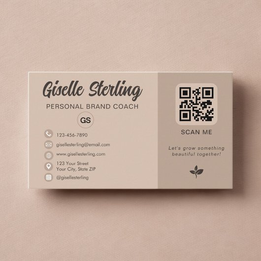 Carte De Visite Monogramme de code QR beige neutre sur les réseaux