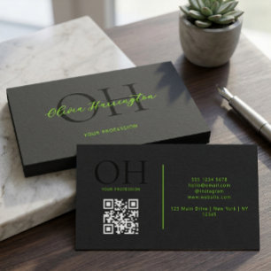 Carte De Visite Monogramme de code QR en script noir et vert moder