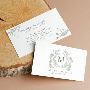 Carte De Visite Monogramme de crête florale vert sauge classique