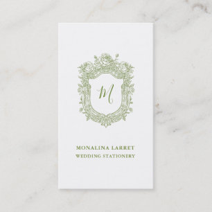 Carte De Visite Monogramme de crête Rose verte classique