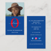 Carte De Visite Monogramme de fille Nom du script Bleu Blanc Rouge (Devant / Derrière)