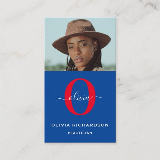 Carte De Visite Monogramme de fille Nom du script Bleu Blanc Rouge (Devant)