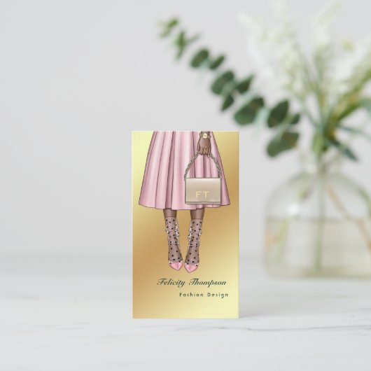 Carte De Visite Monogramme de fille rose et or QR Code (Debout devant)