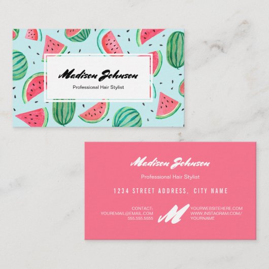 Carte De Visite Monogramme de fruits de pastèque sur mesure | CART (Devant / Derrière)