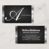 Carte De Visite Monogramme de grand script | Argent noir (Devant / Derrière)