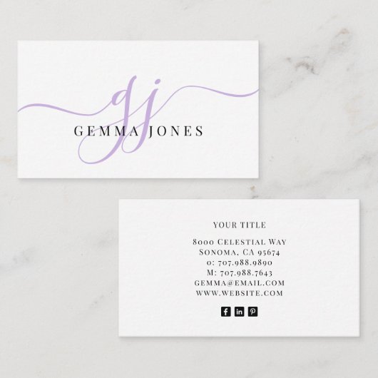 Carte De Visite Monogramme de lavande moderne Nom du script fémini (Devant / Derrière)