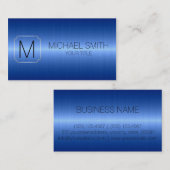 Carte De Visite Monogramme de luxe bleu en métal d'acier (Devant / Derrière)