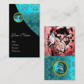 CARTE DE VISITE MONOGRAMME DE MARIAGE DAMASK BLACK BLEU ROUGE (Devant / Derrière)