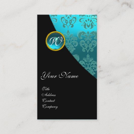 CARTE DE VISITE MONOGRAMME DE MARIAGE DAMASK BLACK BLEU ROUGE (Devant)