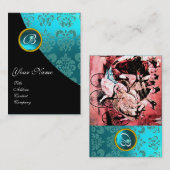 CARTE DE VISITE MONOGRAMME DE MARIAGE DAMASK BLACK BLEU ROUGE (Devant / Derrière)