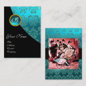 CARTE DE VISITE MONOGRAMME DE MARIAGE DAMASK BLACK BLEU ROUGE (Devant / Derrière)