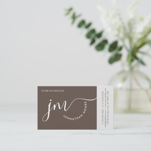 Carte De Visite Monogramme de script blanc Brown à courbure profes (Debout devant)
