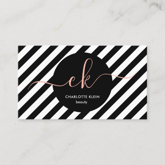 Carte De Visite Monogramme de script de bandes noir et blanc moder (Devant)