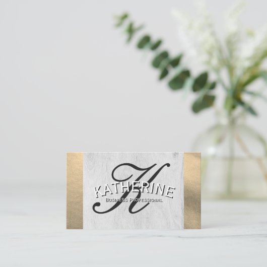 Carte De Visite Monogramme de script | Grain de bois | Fond d'or (Debout devant)