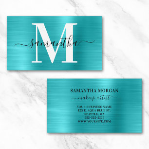 Carte De Visite Monogramme de signature bleu turquoise scintillant