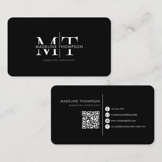 Carte De Visite Monogramme de typographie moderne Code QR noir (Devant / Derrière)