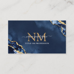 Carte De Visite Monogramme de typographie pailletée agate bleu mar