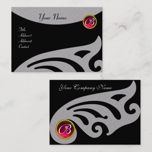 Carte De Visite MONOGRAMME DES AILES ÉLÉGANTES, RUBY ROUGE, gris f (Devant / Derrière)