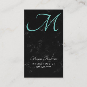 Carte De Visite Monogramme DIY, Élégant, Marbre Noir & Sarcelle