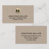 Carte De Visite Monogramme d'or en lin beige Premium (Devant / Derrière)