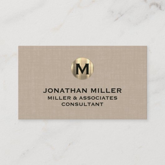 Carte De Visite Monogramme d'or en lin beige Premium (Devant)