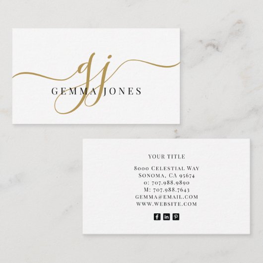 Carte De Visite Monogramme d'or noir moderne Nom du script féminin (Devant / Derrière)