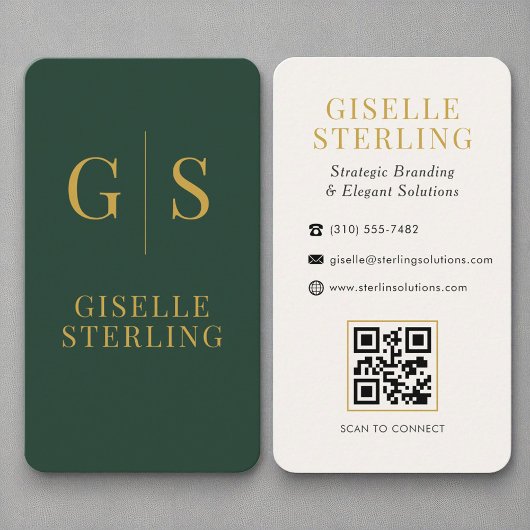 Carte De Visite Monogramme d'or vert de la forêt moderne Code QR
