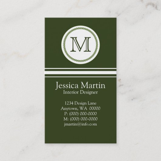 Carte de visite Monogramme doux et délicat, vert (Devant)