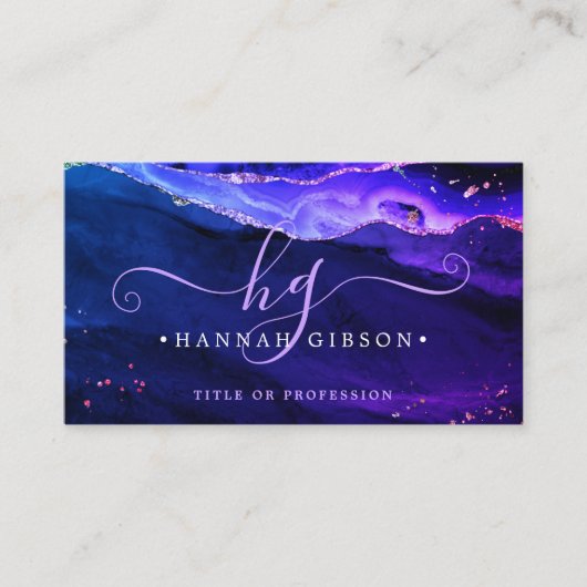 Carte De Visite Monogramme du script d'agate bleu rose mauve mysti (Devant)