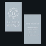 Carte De Visite Monogramme élégant bleu et blanc français<br><div class="desc">Un design carte de visite d'inspiration européenne en bleu et blanc français, ce carte de visite personnalisé a un cadre de défilement dessiné à la main de style logo entourant votre monogramme. Il fonctionne bien pour une boutique, un salon de coiffure, un salon de clous, un spa, un restaurant, des...</div>