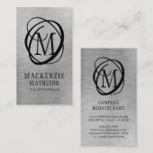 Carte De Visite Monogramme élégant en métal brossé argenté (Devant / Derrière)