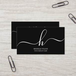Carte De Visite Monogramme Élégant Initiales Nom Script Noir Blanc