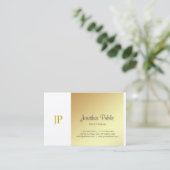 Carte De Visite Monogramme Élégant Luxe Script Or Blanc (Debout devant)