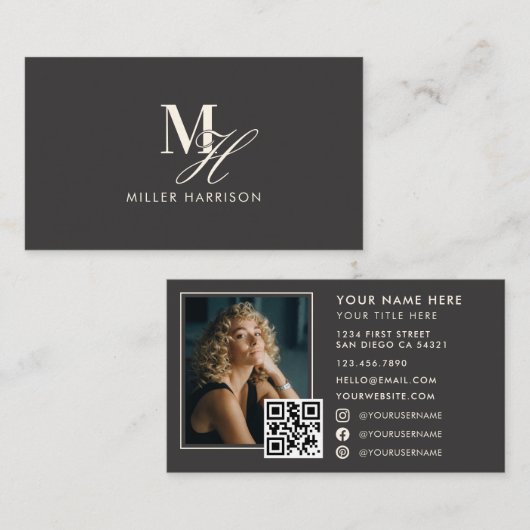 Carte De Visite Monogramme Élégant Moderne Luxe Photo Code QR (Devant / Derrière)