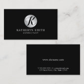 Carte De Visite Monogramme élégant noir et argent (Devant / Derrière)