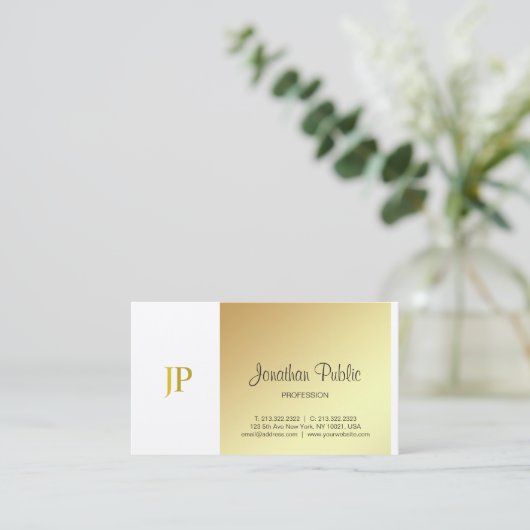 Carte De Visite Monogramme Elegant Or Blanc Plaine de luxe Script (Debout devant)
