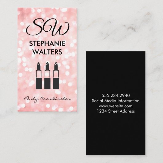 Carte De Visite Monogramme Élégant Parties scintillant (Rose) Glam (Devant / Derrière)