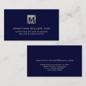 Carte De Visite Monogramme en argent bleu marine de luxe minimal (Devant / Derrière)