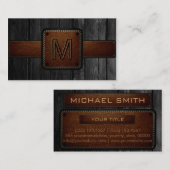 Carte De Visite Monogramme en cuir Brown en bois noir (Devant / Derrière)