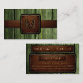 Carte De Visite Monogramme en cuir Brown en bois vert (Devant / Derrière)