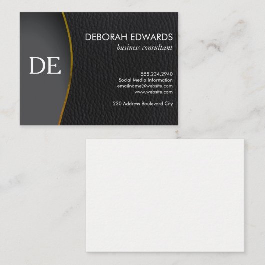 Carte De Visite Monogramme en cuir noir simple (Devant / Derrière)