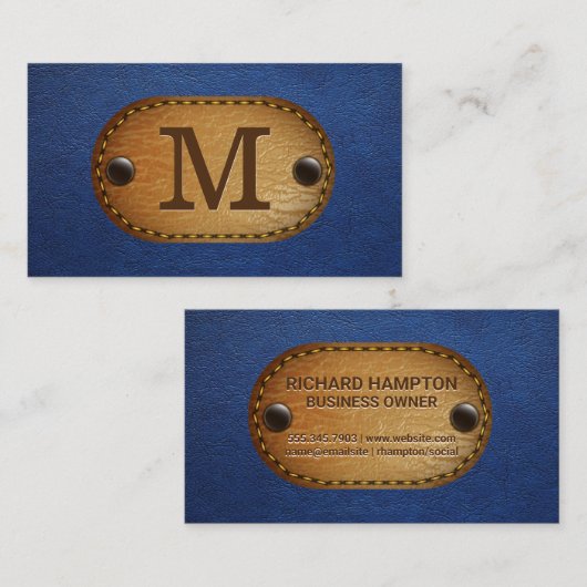 Carte De Visite Monogramme en cuir | Patch en cuir bleu et pointil (Devant / Derrière)